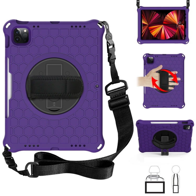 For iPad Pro 11 2022 / 2021 / 2020 / 2018 360 Degree Rotation Honeycomb Shockproof Silicone PC Protective Tablet Case with Holder & Shoulder Strap & Hand Strap