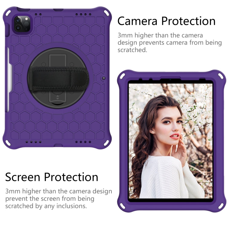 For iPad Pro 11 2022 / 2021 / 2020 / 2018 360 Degree Rotation Honeycomb Shockproof Silicone PC Protective Tablet Case with Holder & Shoulder Strap & Hand Strap
