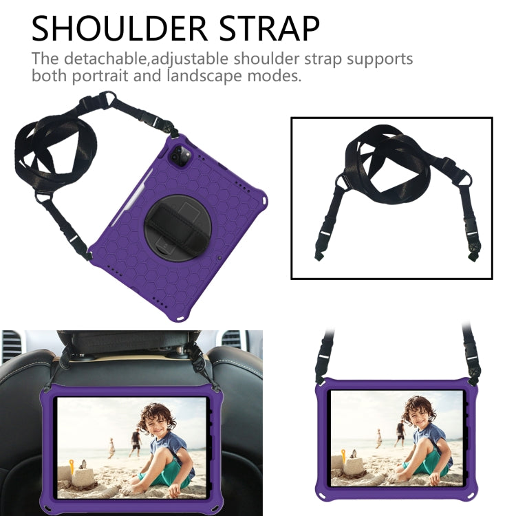 For iPad Pro 11 2022 / 2021 / 2020 / 2018 360 Degree Rotation Honeycomb Shockproof Silicone PC Protective Tablet Case with Holder & Shoulder Strap & Hand Strap