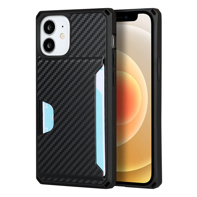 For iPhone 12 mini Carbon Fiber Armor Shockproof TPU + PC Hard Case with Card Slot Holder