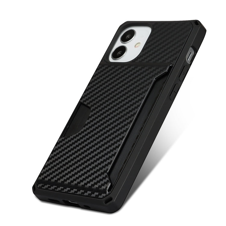 For iPhone 12 mini Carbon Fiber Armor Shockproof TPU + PC Hard Case with Card Slot Holder