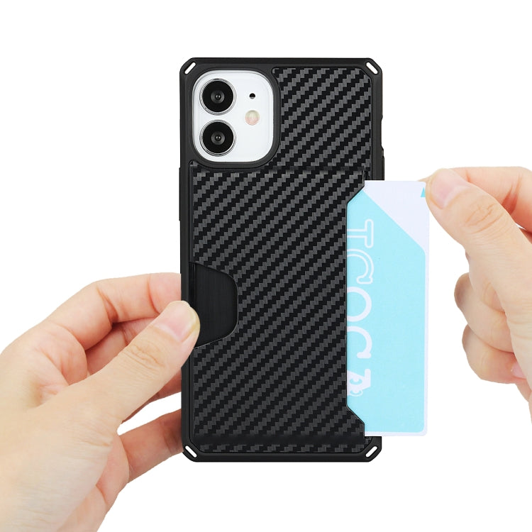 For iPhone 12 mini Carbon Fiber Armor Shockproof TPU + PC Hard Case with Card Slot Holder