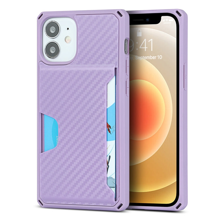 For iPhone 12 mini Carbon Fiber Armor Shockproof TPU + PC Hard Case with Card Slot Holder