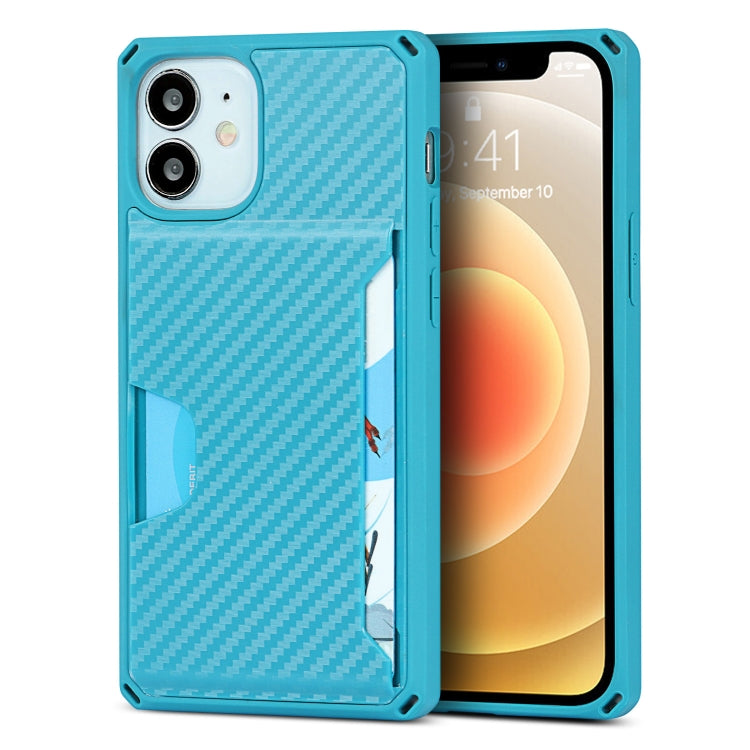 For iPhone 12 mini Carbon Fiber Armor Shockproof TPU + PC Hard Case with Card Slot Holder