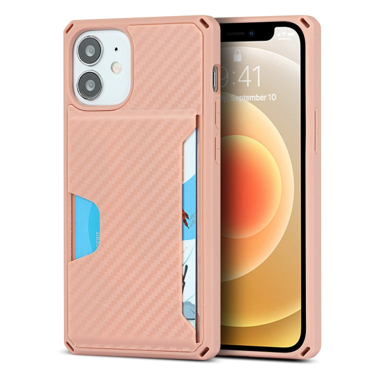 For iPhone 12 mini Carbon Fiber Armor Shockproof TPU + PC Hard Case with Card Slot Holder