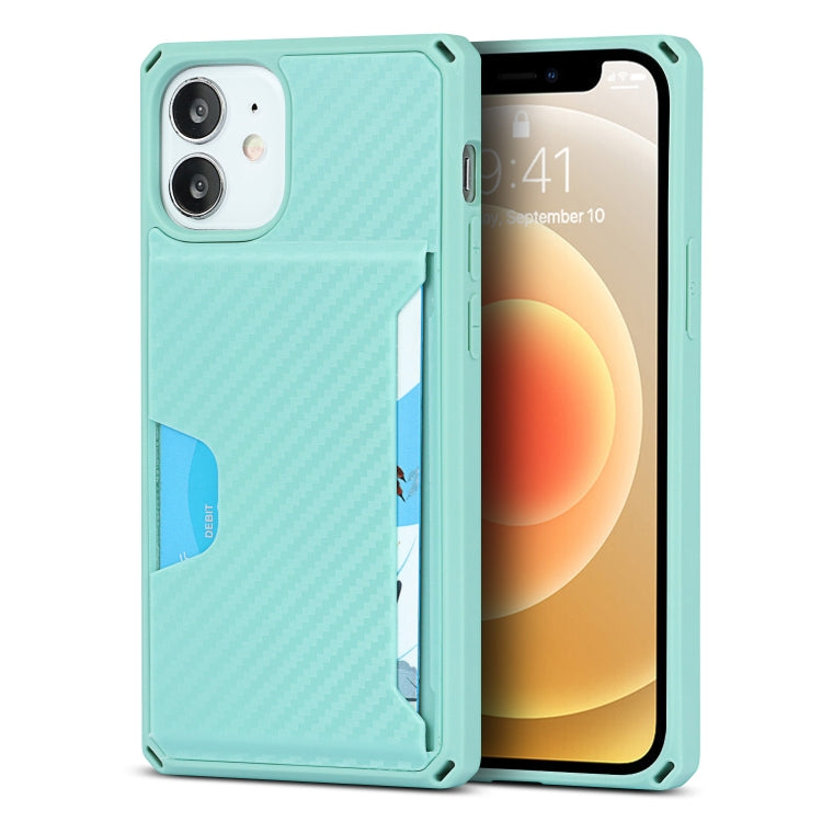 For iPhone 12 mini Carbon Fiber Armor Shockproof TPU + PC Hard Case with Card Slot Holder