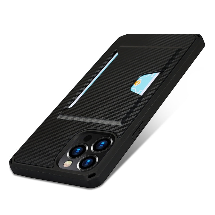 For iPhone 12 / 12 Pro Carbon Fiber Armor Shockproof TPU + PC Hard Case with Card Slot Holder