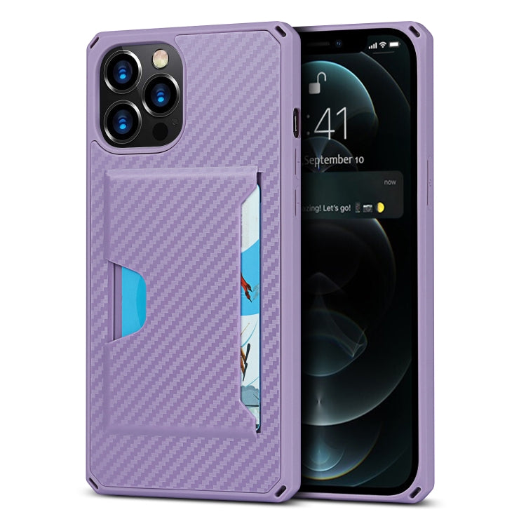 For iPhone 12 / 12 Pro Carbon Fiber Armor Shockproof TPU + PC Hard Case with Card Slot Holder
