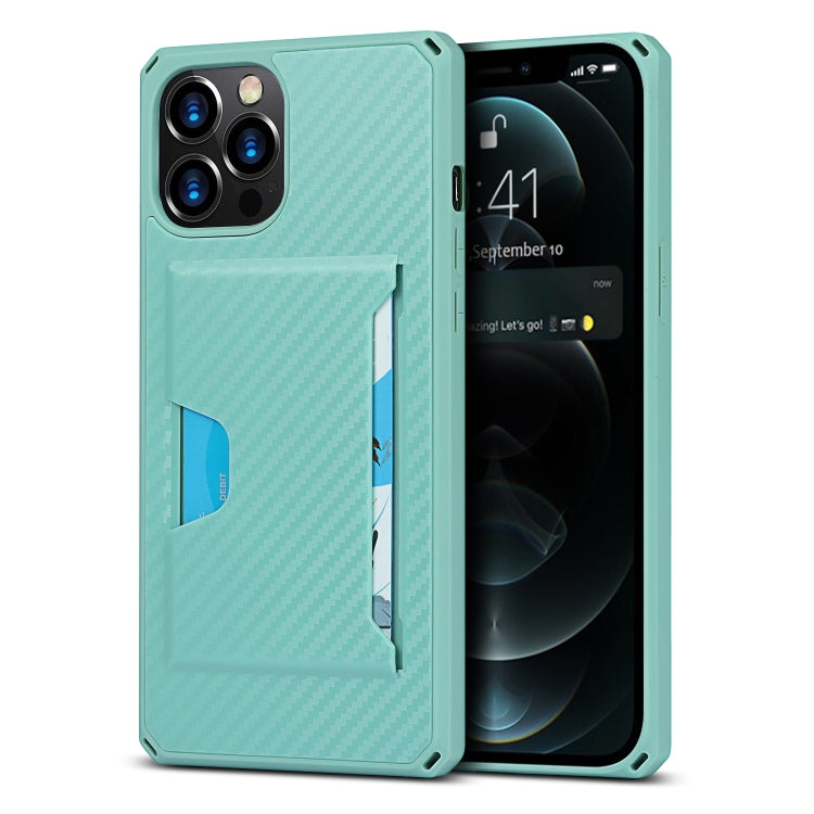 For iPhone 12 / 12 Pro Carbon Fiber Armor Shockproof TPU + PC Hard Case with Card Slot Holder