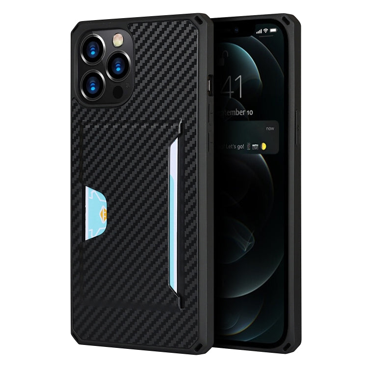 For iPhone 12 Pro Max Carbon Fiber Armor Shockproof TPU + PC Hard Case with Card Slot Holder