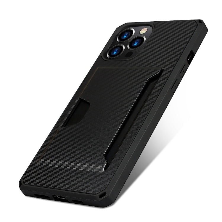 For iPhone 12 Pro Max Carbon Fiber Armor Shockproof TPU + PC Hard Case with Card Slot Holder