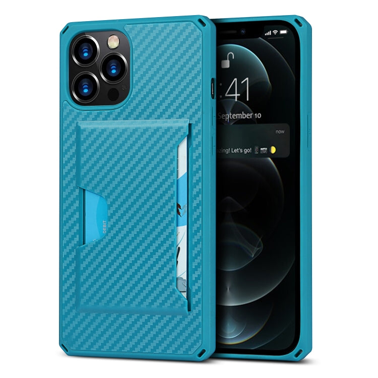 For iPhone 12 Pro Max Carbon Fiber Armor Shockproof TPU + PC Hard Case with Card Slot Holder