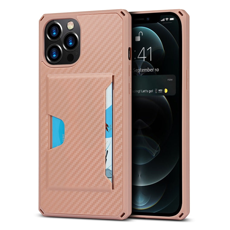 For iPhone 12 Pro Max Carbon Fiber Armor Shockproof TPU + PC Hard Case with Card Slot Holder