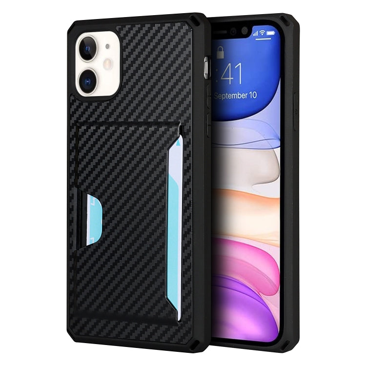 For iPhone 11 Carbon Fiber Armor Shockproof TPU + PC Hard Case with Card Slot Holder