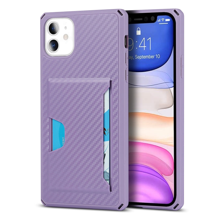 For iPhone 11 Carbon Fiber Armor Shockproof TPU + PC Hard Case with Card Slot Holder