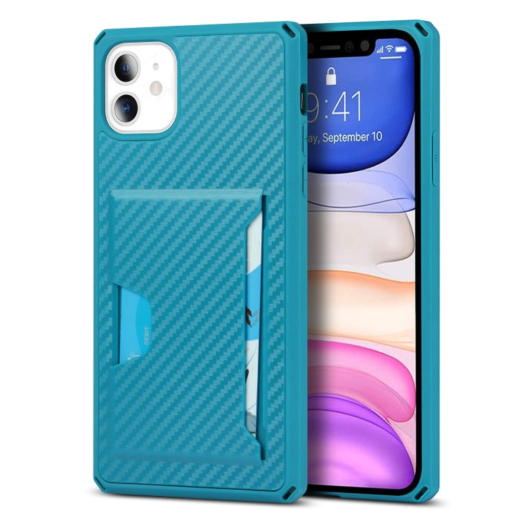 For iPhone 11 Carbon Fiber Armor Shockproof TPU + PC Hard Case with Card Slot Holder