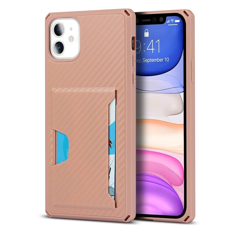For iPhone 11 Carbon Fiber Armor Shockproof TPU + PC Hard Case with Card Slot Holder