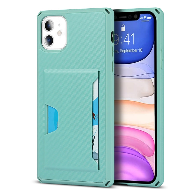 For iPhone 11 Carbon Fiber Armor Shockproof TPU + PC Hard Case with Card Slot Holder