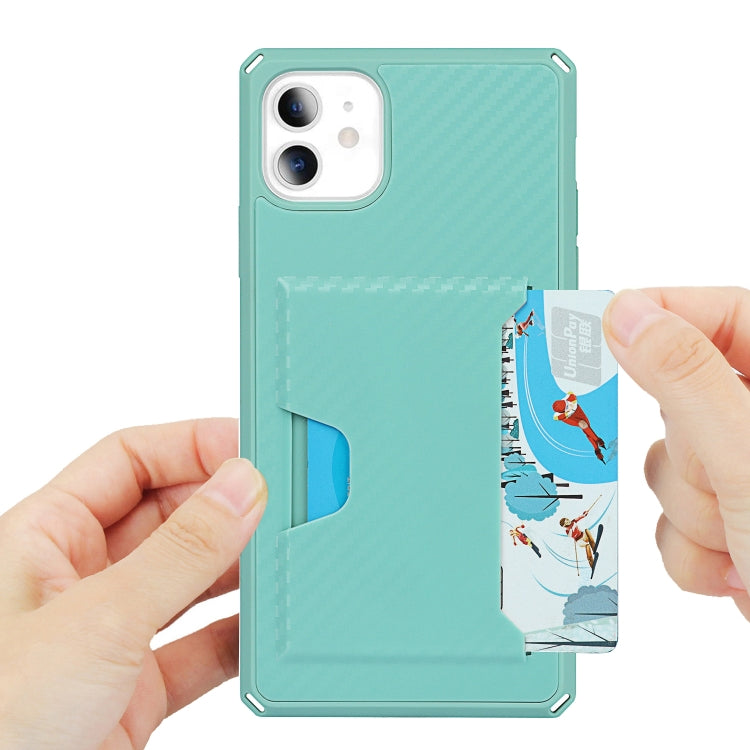 For iPhone 11 Carbon Fiber Armor Shockproof TPU + PC Hard Case with Card Slot Holder