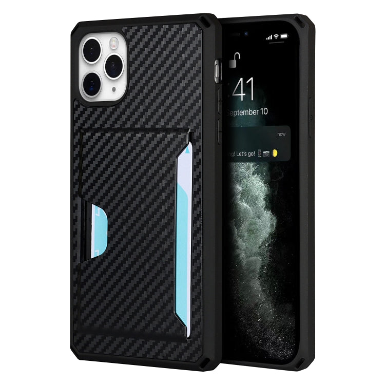 For iPhone 11 Pro Max Carbon Fiber Armor Shockproof TPU + PC Hard Case with Card Slot Holder