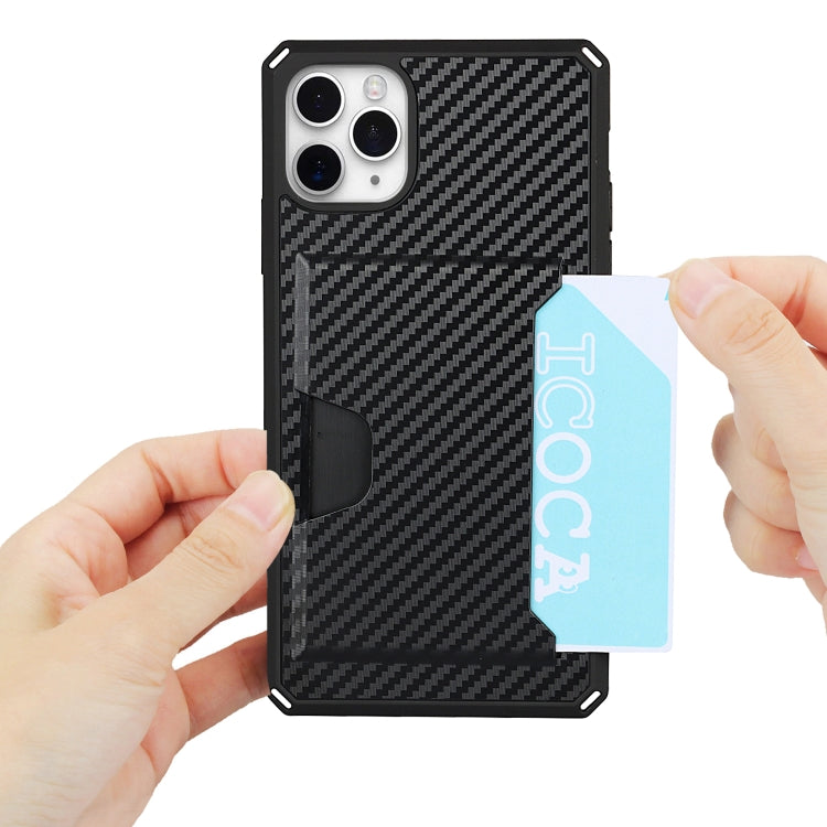 For iPhone 11 Pro Max Carbon Fiber Armor Shockproof TPU + PC Hard Case with Card Slot Holder
