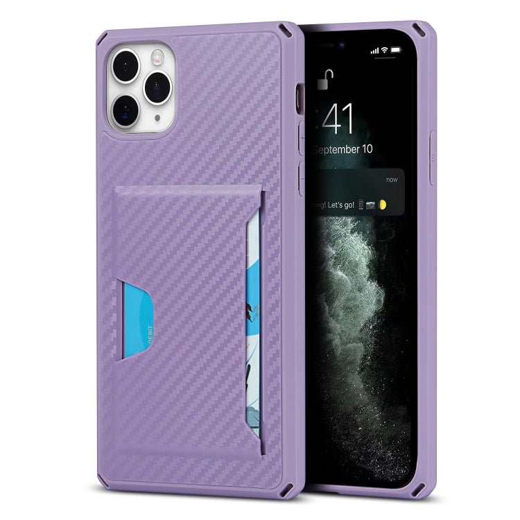 For iPhone 11 Pro Max Carbon Fiber Armor Shockproof TPU + PC Hard Case with Card Slot Holder