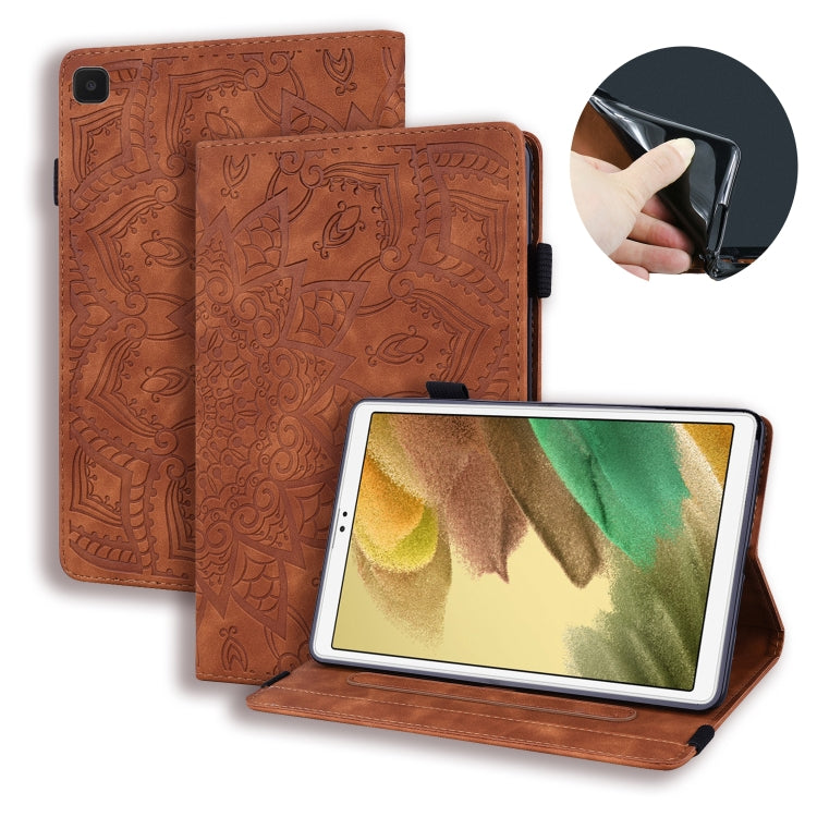 For Samsung Galaxy Tab A7 Lite 8.7 (2021) T220 / T225 Calf Pattern Double Folding Design Embossed Leather Case with Holder & Card Slots & Pen Slot & Elastic Band
