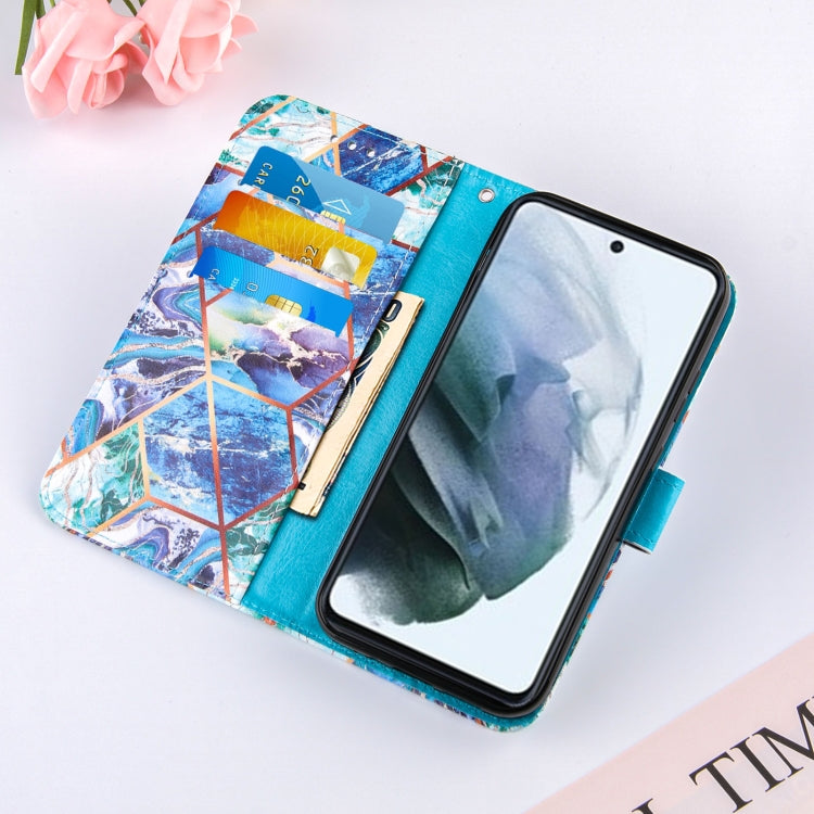 For Samsung Galaxy S21 FE Marble Stitching Horizontal Flip PU Leather Case with Holder & Card Slots & Wallet & Lanyard