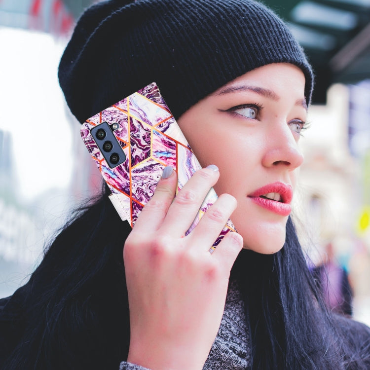 For Samsung Galaxy S21 FE Marble Stitching Horizontal Flip PU Leather Case with Holder & Card Slots & Wallet & Lanyard