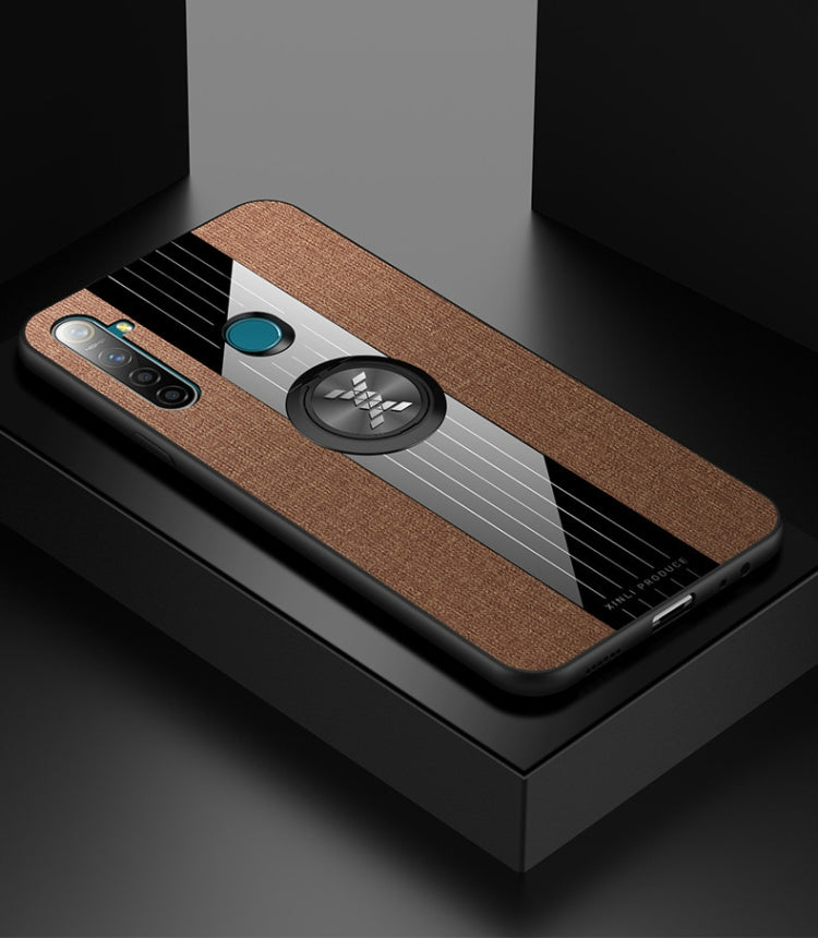 For OPPO Realme Q XINLI Stitching Cloth Textue Shockproof TPU Protective Case with Ring Holder