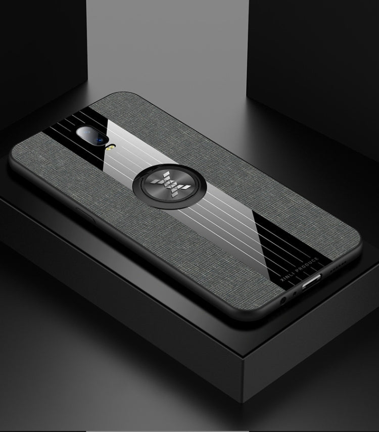 For OPPO Realme X Lite XINLI Stitching Cloth Textue Shockproof TPU Protective Case with Ring Holder