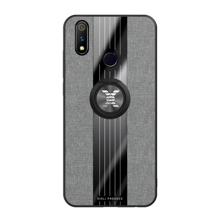 For OPPO Realme X Lite XINLI Stitching Cloth Textue Shockproof TPU Protective Case with Ring Holder