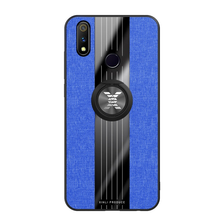 For OPPO Realme X Lite XINLI Stitching Cloth Textue Shockproof TPU Protective Case with Ring Holder
