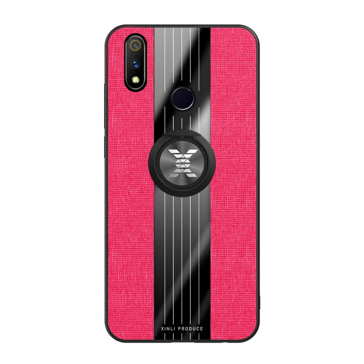 For OPPO Realme X Lite XINLI Stitching Cloth Textue Shockproof TPU Protective Case with Ring Holder