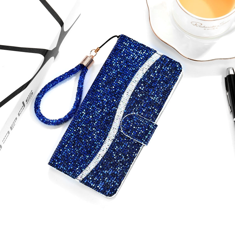 For Samsung Galaxy A22 4G Glitter Powder Horizontal Flip Leather Case with Card Slots & Holder & Lanyard