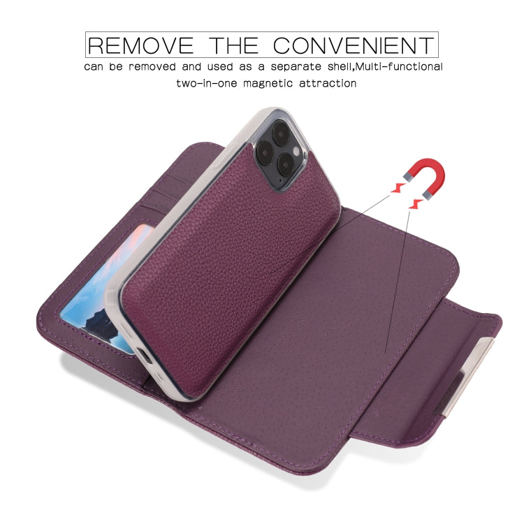 For iPhone 12 / 12 Pro Litchi Texture Horizontal Flip Buckle Detachable Magnetic PU Leather Case with Card Slots & Wallet & Photo Frame
