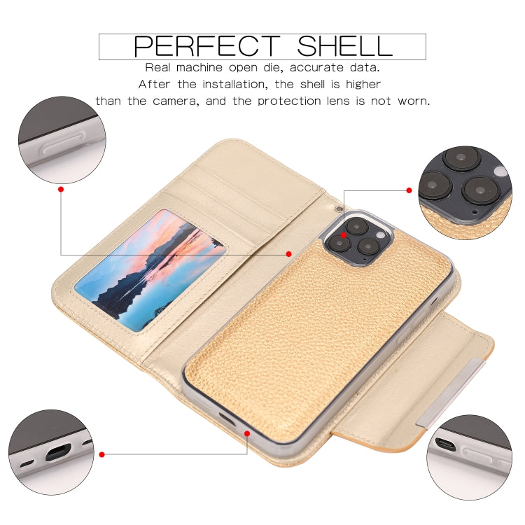 For iPhone 12 / 12 Pro Litchi Texture Horizontal Flip Buckle Detachable Magnetic PU Leather Case with Card Slots & Wallet & Photo Frame