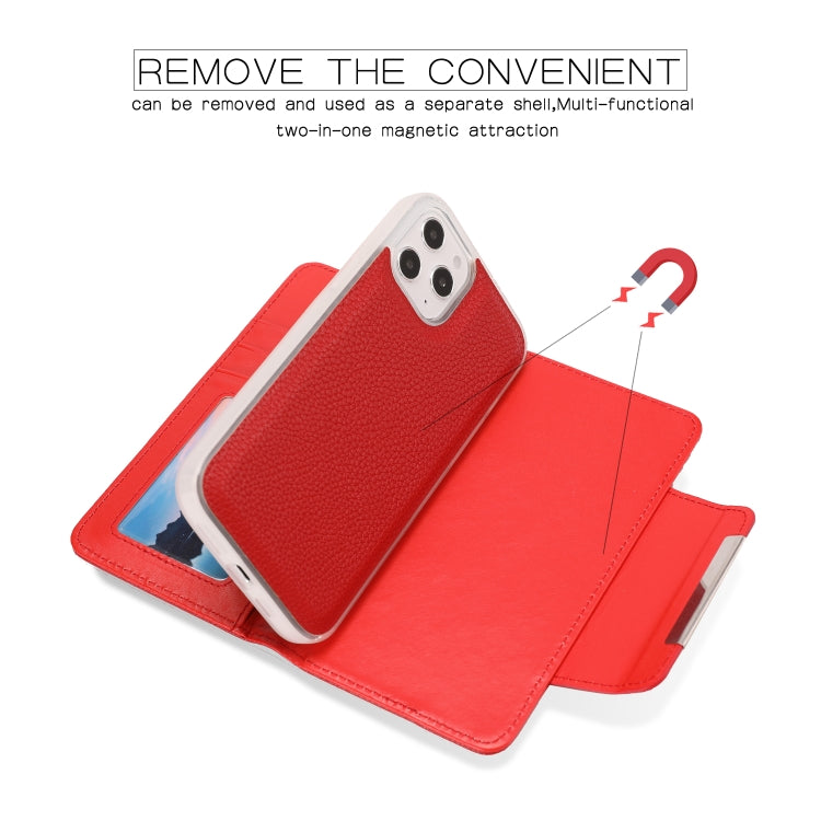 For iPhone 12 Pro Max Litchi Texture Horizontal Flip Buckle Detachable Magnetic PU Leather Case with Card Slots & Wallet & Photo Frame