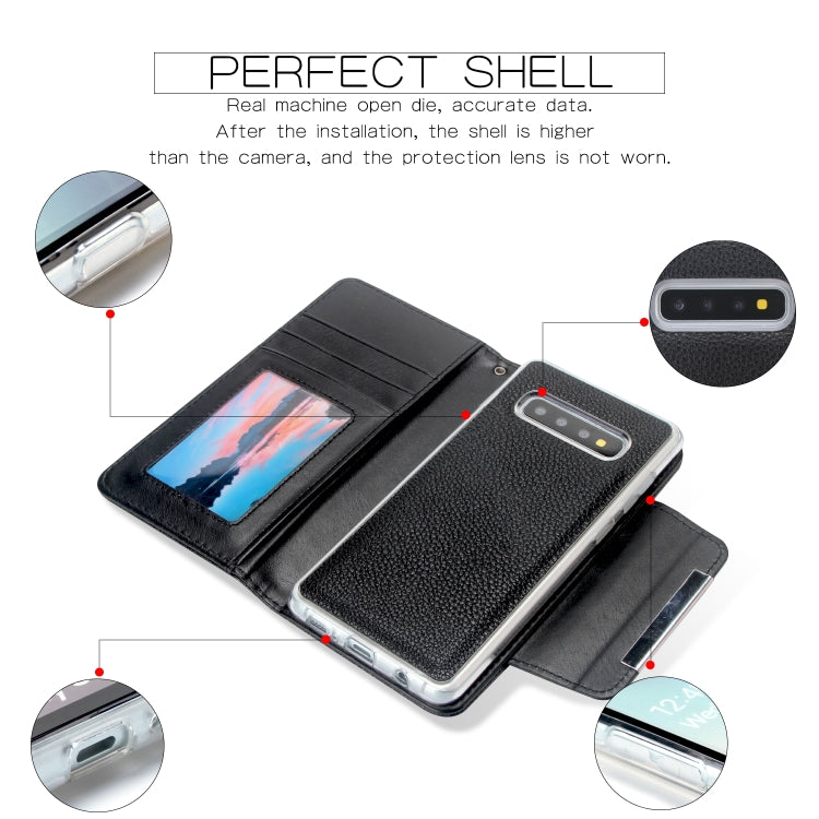For Samsung Galaxy S10+ Litchi Texture Horizontal Flip Buckle Detachable Magnetic PU Leather Case with Card Slots & Wallet & Photo Frame