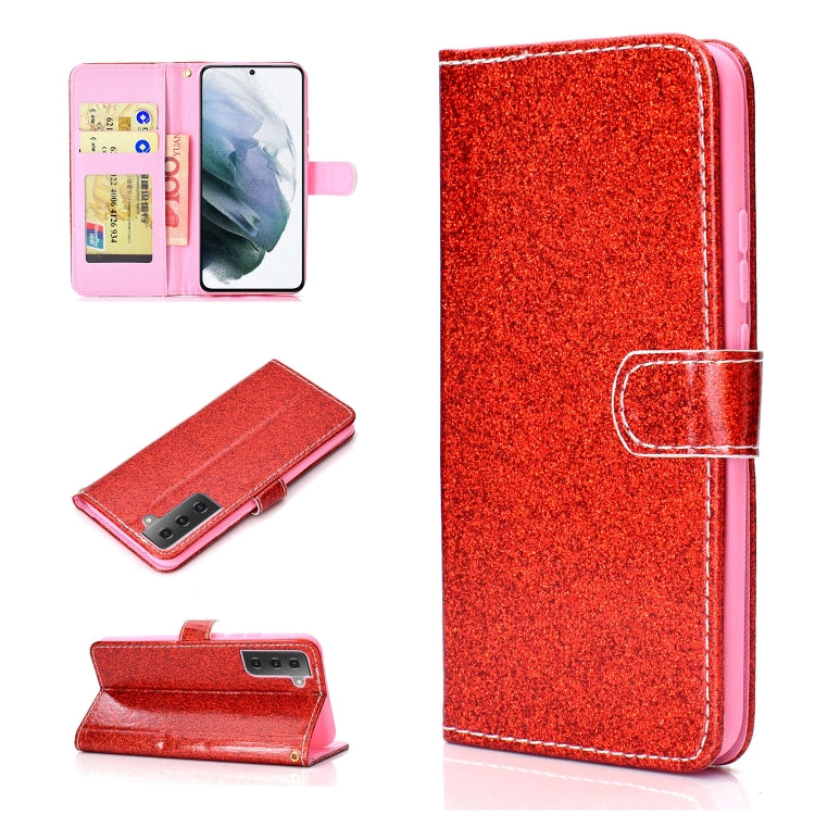 For Samsung Galaxy S21 FE Glitter Powder Horizontal Flip Leather Case with Card Slots & Holder & Photo Frame & Wallet