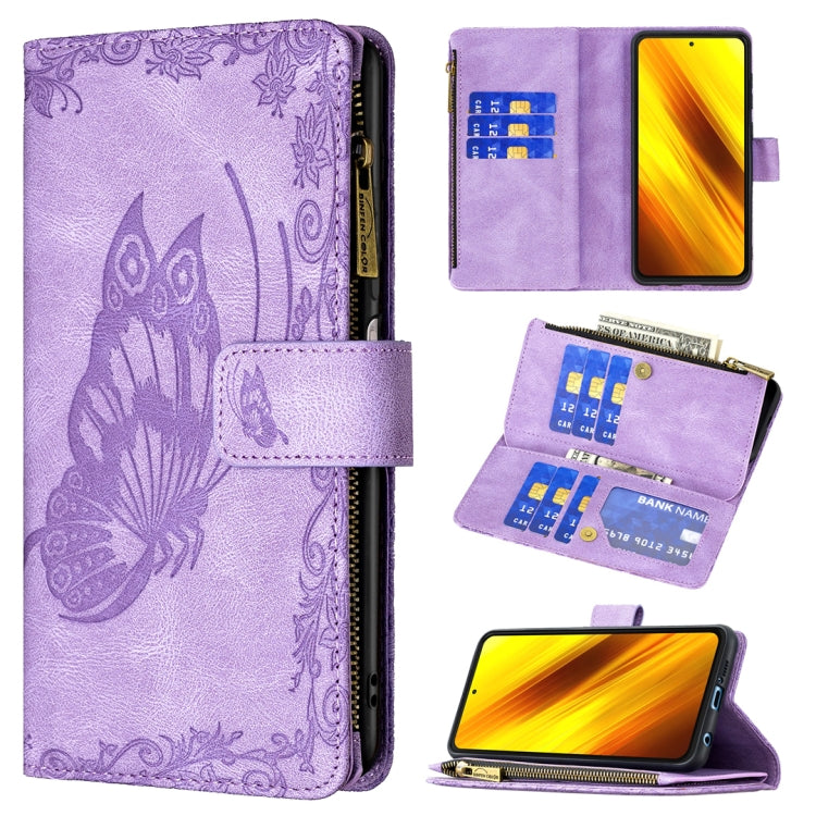 For Xiaomi Poco X3 Flying Butterfly Embossing Pattern Zipper Horizontal Flip Leather Case with Holder & Card Slots & Wallet