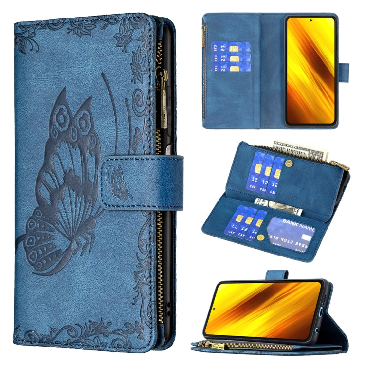 For Xiaomi Poco X3 Flying Butterfly Embossing Pattern Zipper Horizontal Flip Leather Case with Holder & Card Slots & Wallet