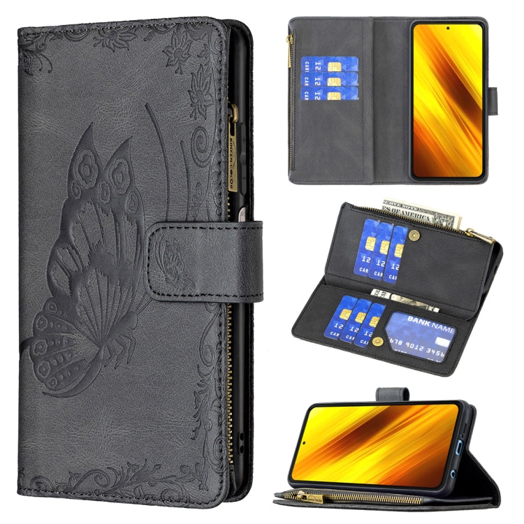 For Xiaomi Poco X3 Flying Butterfly Embossing Pattern Zipper Horizontal Flip Leather Case with Holder & Card Slots & Wallet