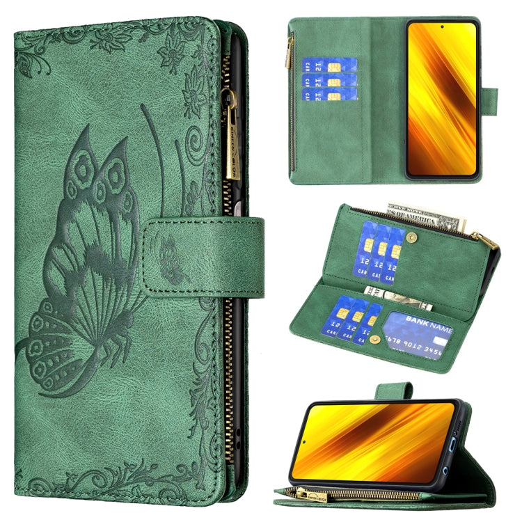 For Xiaomi Poco X3 Flying Butterfly Embossing Pattern Zipper Horizontal Flip Leather Case with Holder & Card Slots & Wallet