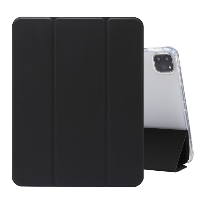 For iPad Pro 11 2022 / 2021 Three-folding Electric Pressed Skin Texture Horizontal Flip Shockproof Transparent TPU + PU Leather Tablet Case with Holder & Pen Slot & Sleep / Wake-up Function