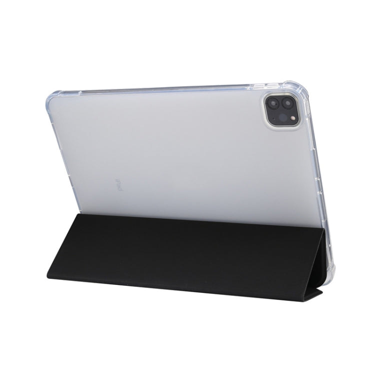For iPad Pro 11 2022 / 2021 Three-folding Electric Pressed Skin Texture Horizontal Flip Shockproof Transparent TPU + PU Leather Tablet Case with Holder & Pen Slot & Sleep / Wake-up Function