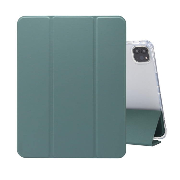 For iPad Pro 11 2022 / 2021 Three-folding Electric Pressed Skin Texture Horizontal Flip Shockproof Transparent TPU + PU Leather Tablet Case with Holder & Pen Slot & Sleep / Wake-up Function