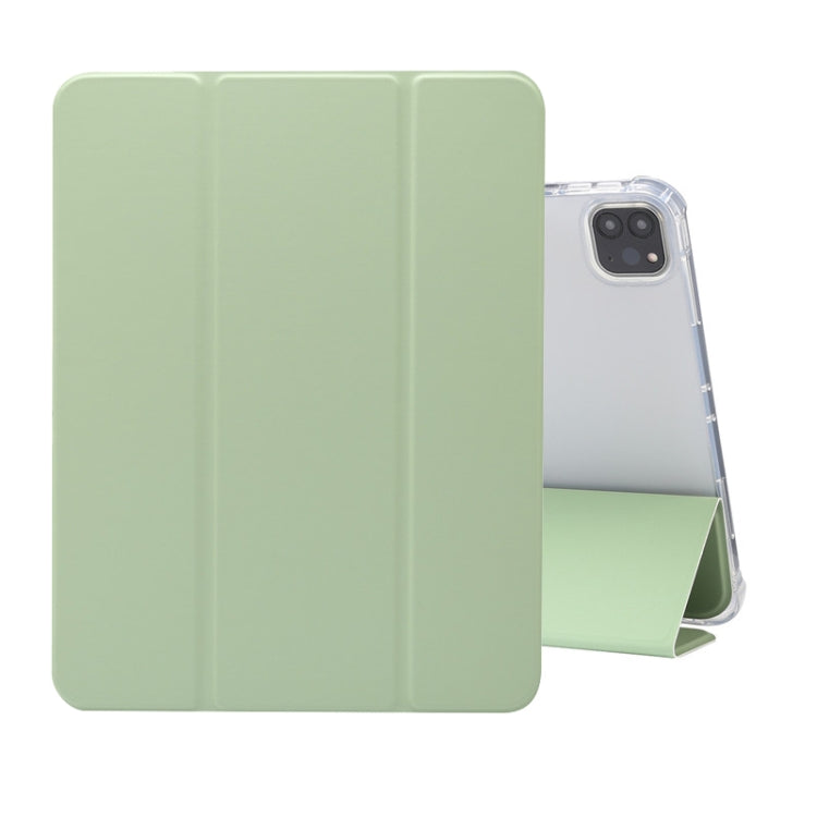 For iPad Pro 11 2022 / 2021 Three-folding Electric Pressed Skin Texture Horizontal Flip Shockproof Transparent TPU + PU Leather Tablet Case with Holder & Pen Slot & Sleep / Wake-up Function