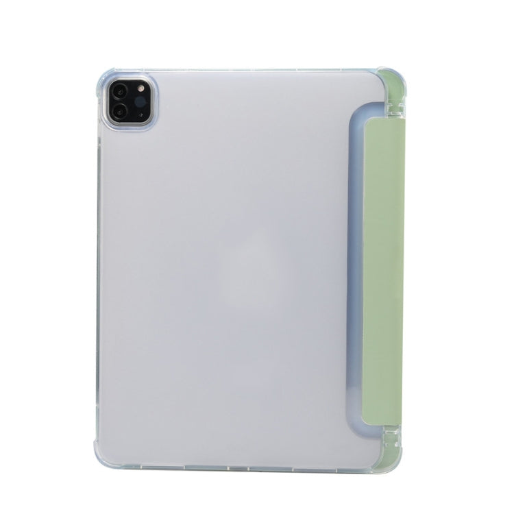 For iPad Pro 11 2022 / 2021 Three-folding Electric Pressed Skin Texture Horizontal Flip Shockproof Transparent TPU + PU Leather Tablet Case with Holder & Pen Slot & Sleep / Wake-up Function
