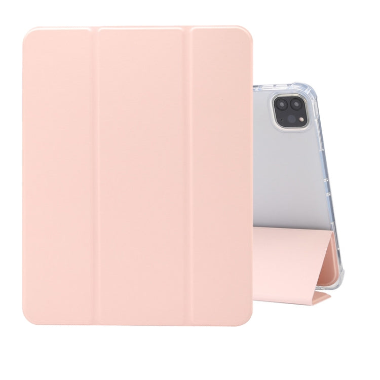 For iPad Pro 11 2022 / 2021 Three-folding Electric Pressed Skin Texture Horizontal Flip Shockproof Transparent TPU + PU Leather Tablet Case with Holder & Pen Slot & Sleep / Wake-up Function